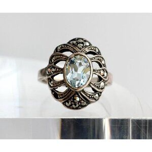 Aquamarine Semi-Precious Marcasite 925 Sterling Silver Vintage Ring - sz 6